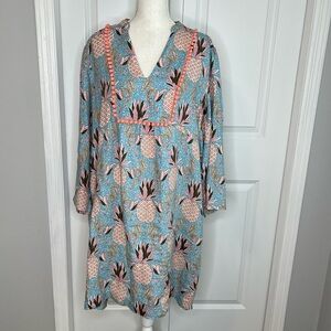 Boden Light Blue Pink Pineapple Print Evangeline Linen Tunic Dress 16 Long Tall